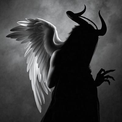The primary subject of the image is a winged creature, possibly a demon or a monster, with a black background. The visual style appears to be a combination of photo and digital art, creating a dramatic and mysterious atmosphere. The colors are predominantly black and white, with the winged creature being the main focus of the image.